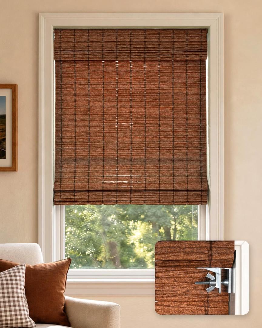LazBlinds No Drill Cordless Roman Shades for Windows, 30" W x 64" H, Brown