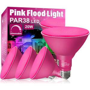 PAR38 Flood Pink Light Bulbs,4 Pack Dimmable,E26 Base Pink Flood Light Outoor(20W Replace to 200W),Halloween Light Bulb for Outside,Christmas,Holiday Lighting