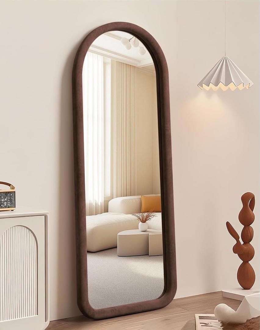 Arched Full Length Mirror, Free Standing Floor Velvet Finish Frame Mirror for Leaning or Hanging, Soft Touch Bedroom & Living Room Decor, Brown, 55"L x 20"W