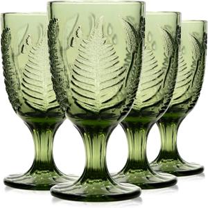 Green Glass Goblets Set of 4, 10 oz Stemmed Glasses, Hand-Pressed Vintage Glassware, Fern Embossed Colored Stemware, Boho Aesthetic Textured Drinkware, Retro Home Decor Gift Set for Housewarming