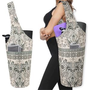Fashion Printed Yoga Mat Bag with Large Side Pocket & Zipper Pocket Long Tote Yoga Bag Fit Most Size Mats - Holds More Yoga Accessories (37"x15.5", Indian Floral)