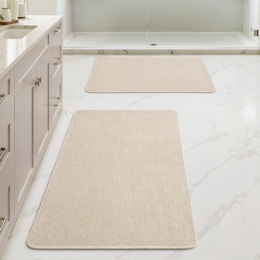 MIULEE Set of 2 Ultra Thin Bathroom Rugs, Rubber Bath Mats for Bathroom Non Slip, Quick Dry Absorbent Bath Rug Machine Washable, Fit Under Door, Shower, Sink, Home Decor, Light Beige, 17"x27"+20"x32"