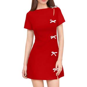XXTAXN Women's Summer Boat Neck Short Sleeve Elegant Y2k A Line Mini Dress (XL, Red)