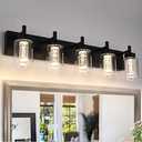 VINLUZ 5-Light LED Bathroom Vanity Light Fixtures, Metal Black Finish Bathroom Lighting Over Mirror Interior Wall Lighting Fixtures with Crystal Bulb Clear Glass Shade(LED Bulbs Included)