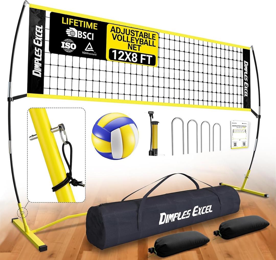 Dimples Excel 12x8 FT Professional Portable Volleyball Net Set with 4 Adjustable Height Levels (5.05–8 FT), Includes Volleyball, Pump, Carry Bag and Sandbags for Indoor/Outdoor Training