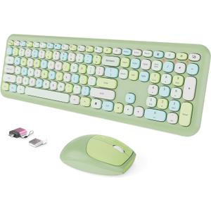 Wireless Keyboard and Mouse Combo, Colorful Ergonomic Full Size Retro Low-Noise Keyboard with Cute keycaps, Compatible with Windows, PC, Perfer for Home and Office Keyboards (Green)