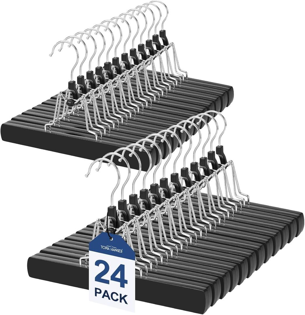 TOPIA HANGER 24 Pack Wooden Pants Hangers, Hair Extension Hangers Non Slip Skirt Hanger Wood Clamp with Velvet Padded 360 Swivel Hook for Jeans, Skirts, Trousers, Wigs Black CT68B