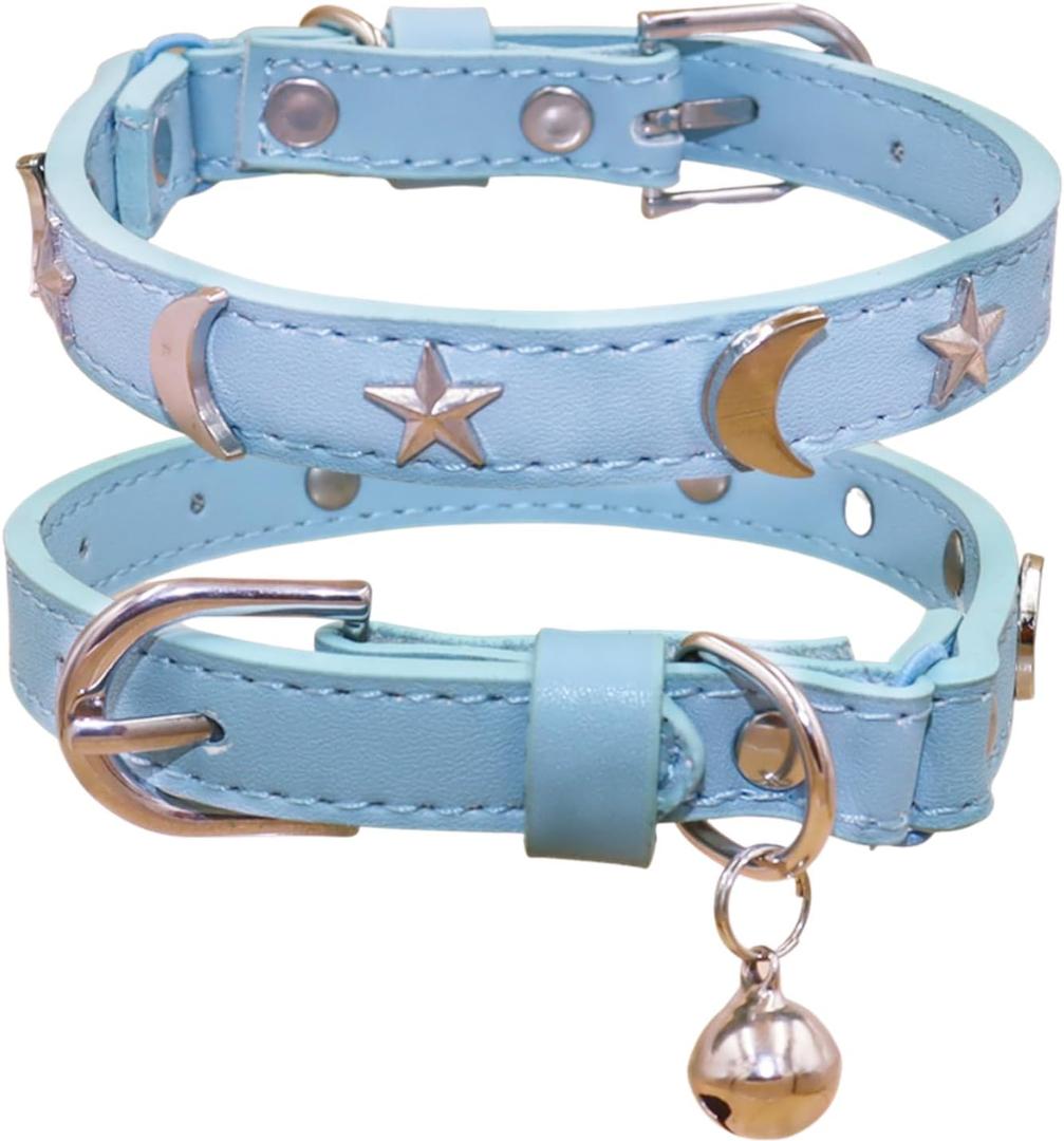 Leather Cat Collars with Bell and Safety Elastic Belt Moon and Stars Stud Adjustable for Cats and Kitten Girl boy Size 7.5-10 Inch (Light Blue)