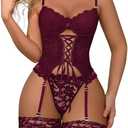 Lilosy Sexy Floral Lace Up Corset Garter Lingerie Set (Medium, Red)