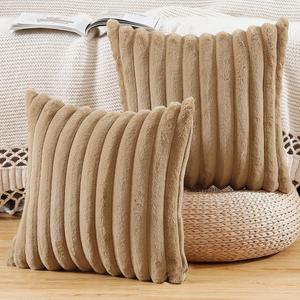 MADIZZ Set of 2 Faux Wool Plush Decorative Throw Pillow Covers 18x18 Inch Camel Fluffy Striped Soft Decorative Cushion Cover for Sofa Bedroom Pillow Shell