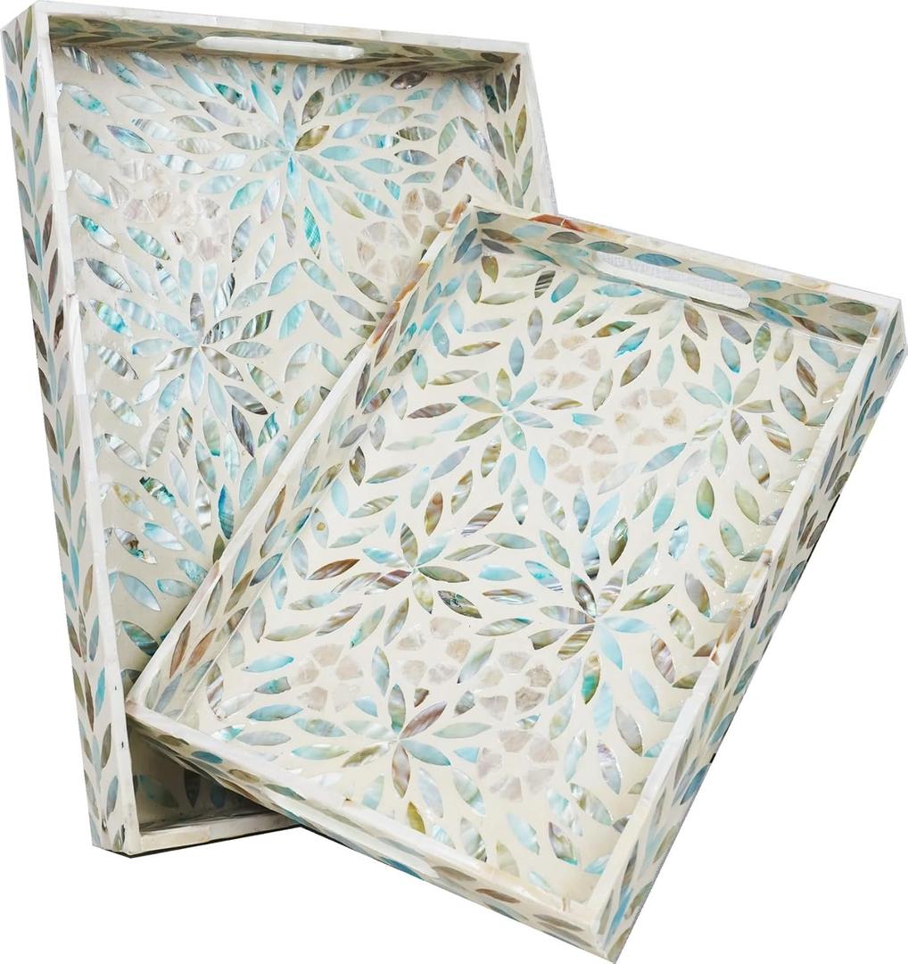 Serving Trays Handmade Trays for Serving Mother of Pearl Inlay Decorative Tray Room Decor, Coffee Table Tray Set of 2 Trays Decor for Ottoman Length 16'' and 14''