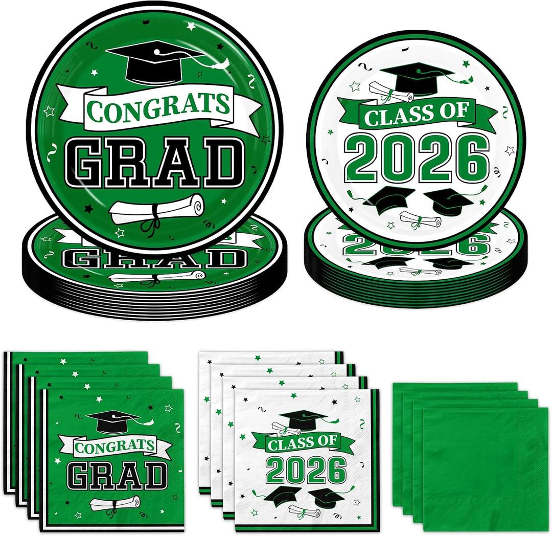 Green Graduation Plates and Napkins Class of 2026 Grad Congrats Party Supplies Disposable Paper Plates Napkins for 2026 Graduation Party Decorations, Serve 50