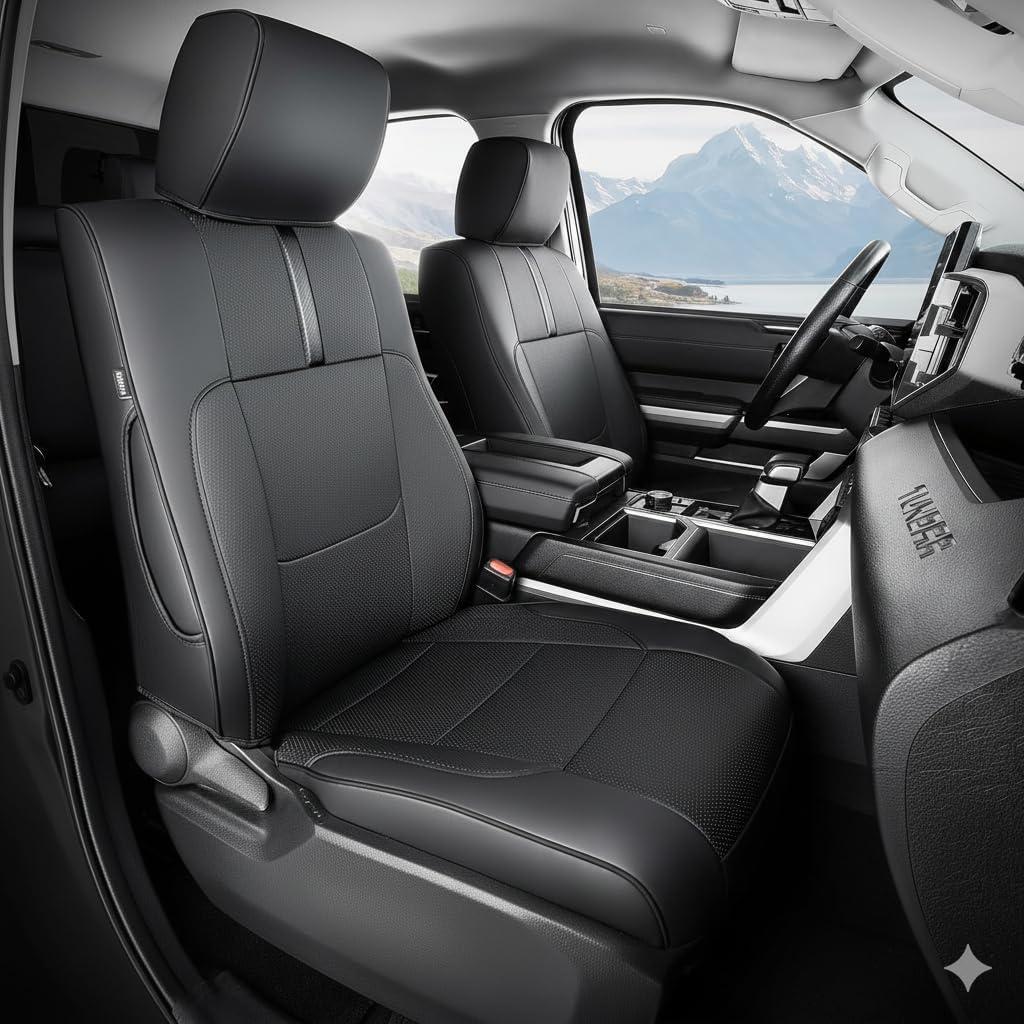 for Toyota Tundra Seat Covers 2022-2025 2026, Full Covered Black Seat Protectors Pickup Truck Car Leather Seat Cover Set for Tundra SR SR5 (Double Cab/CrewMax) 2026 2025 2024 2023 2022 Accessories