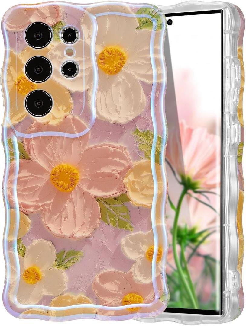 EYZUTAK Case for Samsung Galaxy S24 Ultra, Colorful Retro Oil Painting Flower Laser Glossy Pattern Cute Curly Wave Edge Exquisite Phone Cover Stylish Durable TPU Protective Case for Girls Women - Pink