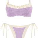 ZAFUL Women Bikini String Swimsuit Plaid Ruffles Trim Ruched Bathing Suit Cheeky Thong Bikini Sets 2026 Purple Plaid M (M)