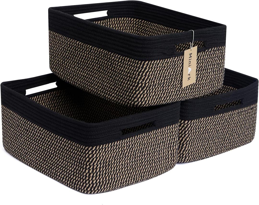 Large Storage Baskets for Shelves, Closet Organizers Bins for Clothes Blanket Towels, Baby Nursery, Toy Baskets Box, Woven Rope Baskets, 17" x 13" x 7.5", 3 Packs Woven Brown