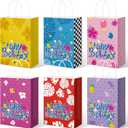 MotiMind 48 Pcs Cartoon Hawaii Birthday Party Favor Bags with Handles Candy Treat Bags Summer Tropical Print Flower Palm Double Printed Patterns Paper Gifts Pouch for Luau Holiday Event Favors
