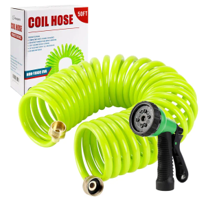 Yereen Coil Garden Hose 50FT, EVA Recoil Garden Hose, Self-coiling Water Hose with 3/4" Connector Fittings with 8 Function Spray Nozzle, Green
