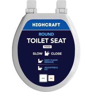 HIGHCRAFT Premium Round Toilet Seat with Slow-Close Design, Adjustable Hinges & Quick Removal Mechanism - Molded Wood Toilet Seat - Fits Standard Round Toilets - Toilet Seat in White