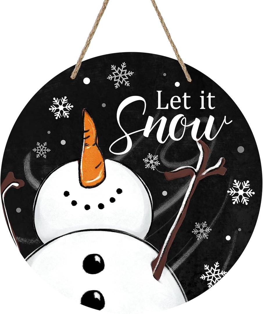 Deroro Winter Snowman Sign for Front Door Decor, Black Let It Snow Welcome Farmhouse Wood Door Hanger for Outdoor Outside Porch, Rustic Christmas Snowflakes Wooden Wreath Wall Hanging Decoration