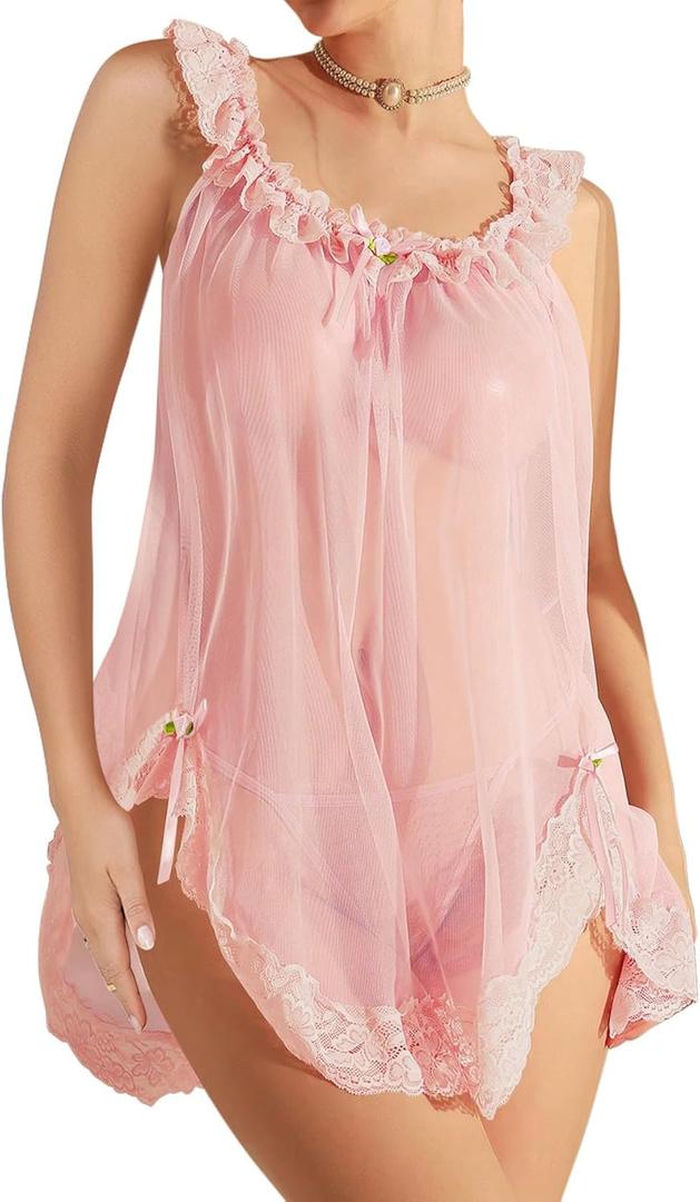 Sexy Bows Split Side Ruffle Lace Mesh Sheer Babydoll Lingerie Dress Set with Thong 2 Piece (3X-Large, Pink)