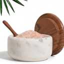 Salt Cellar with Acacia Wood Lid and Spoon | White Marble Salt Container for Kitchen | Spice Holder for Countertop | Keeps Spices Dry | Wide 4 Salt Pig with Non-Skid Feet