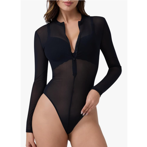 Kepblom Women's Sheer Mesh Bodysuit Sexy Zip Front Long Sleeve See Through Leotard XL