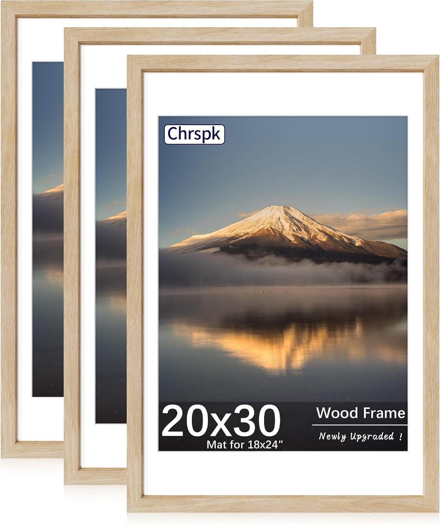 20X30 Poster Frame, Display Pictures 18X24 with Mat or 20X30 Without, Wall Hanging Frames, Natural Oak, 3 Pack