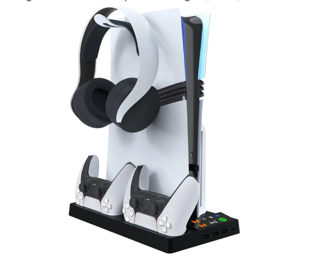 for PS5 Pro/PS5 Slim Cooling Stand Dock with Dual Controllers Charging Station, for P5 Pro Disc & Digital Console Bracket Base 3 Speed Cooling Fan Organizer with Headphone Hanger (Black)