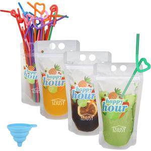 100 Pcs Zipper Plastic Pouches Drink Bags, Heavy Duty Hand-Held Translucent Frosted Reclosable Stand-up Bag 2.4" Bottom Gusset with 100 pcs Straws & Funnel Included