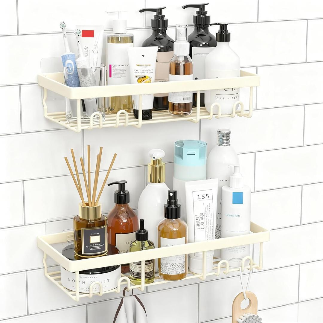 Moforoco Shower Caddy Shelf Organizer Rack, Self Adhesive Black Bathroom Shelves Basket, Home Farmhouse Wall Inside Organization and Storage Decor Rv Accessories, First Camper Apartment Essentials (Medium, Cream)