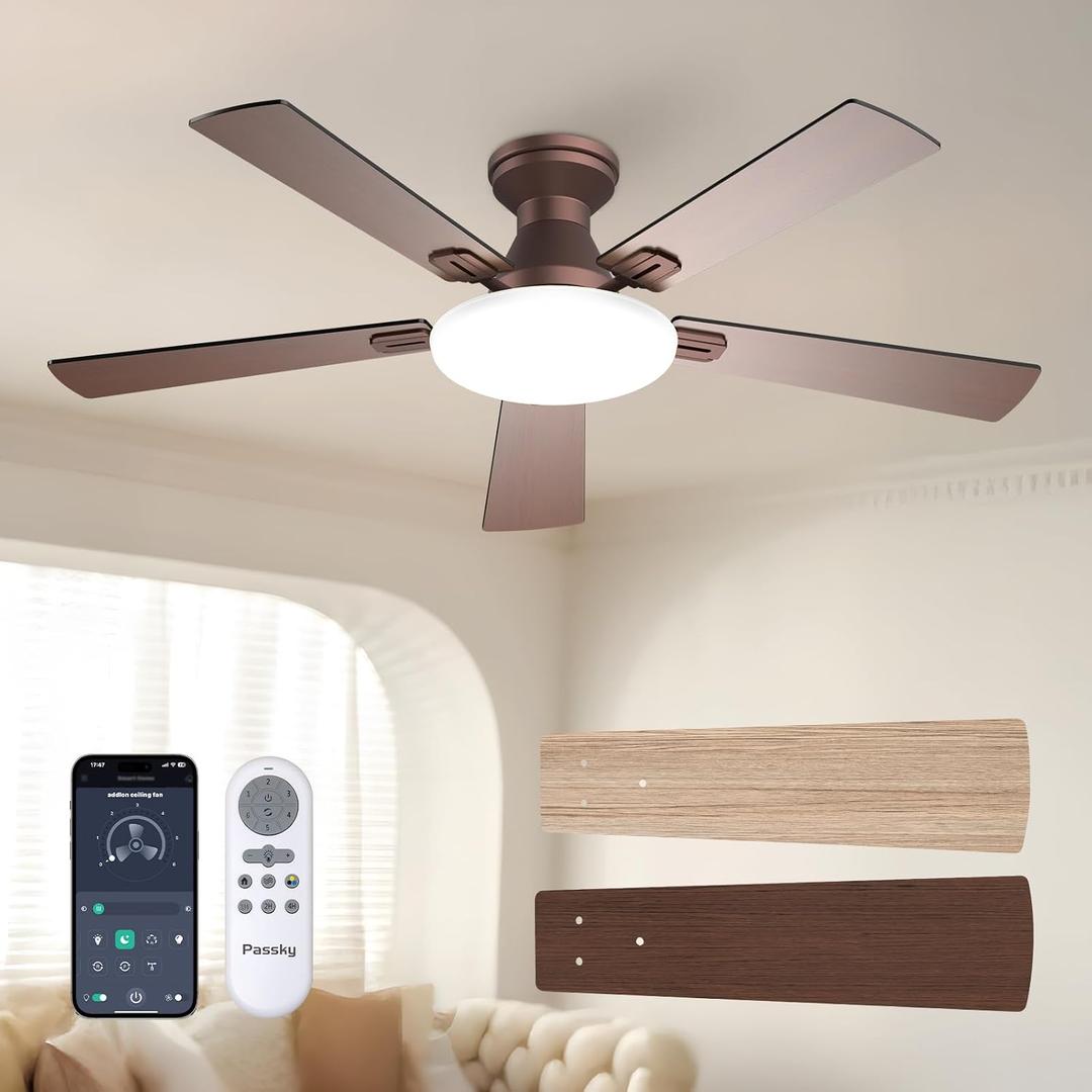 Passky 52 Inch Brown Low Profile Ceiling Fans with Lights and Remote | Flush mount, 3-color dimmable light, quiet reversible DC motor, easy install, memory, APP, bedroom, covered outdoor areas