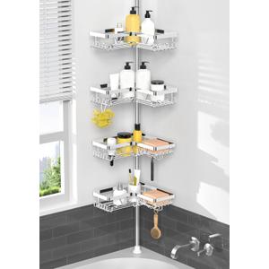 KEGII Corner Shower Caddy Tension Pole, Bathroom Storage Shelf, Chrome | Stainless Steel Design with Soap Holders and Hooks, Adjustable Height for Renters, Apartments and Family Bathrooms