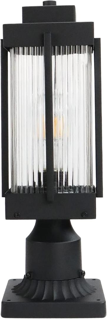 Monkfish Modern Black Outdoor Post Light, Waterproof Exterior Pillar Lamp with Square Base & Cyan Striped Glass Shade, E26 Socket, Weather Resistant Garden Path Light for Patio, Yard, Driveway (1-PACK)