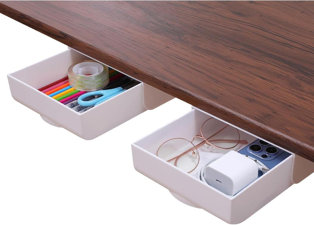 2 Pack Under Desk Drawer Self-Adhesive Desktop Storage Organizer, Hidden Attachable Slide Out Desk Drawer, Under Table Tray for Pencil Pen Stationery Office Organization, White (2pcs-Upgrade, White)