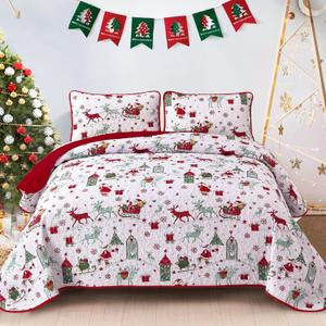 DJY Christmas Quilt Set King Size Reindeer Snowflake Sleigh 3 Piece Quilted Bedding Set, Red White Holiday Bedspread Coverlet with Pillow Shams New Year Room Decoration (110''x90'')