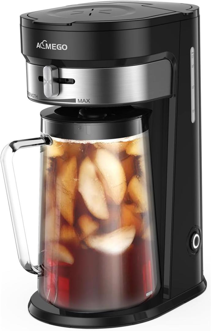 AEMEGO Iced Tea Maker, Brewing System with 2.5-quart Glass Pitcher, sliding strength selector, Stainless Steel Decoration, Reusable Filter (Black)
