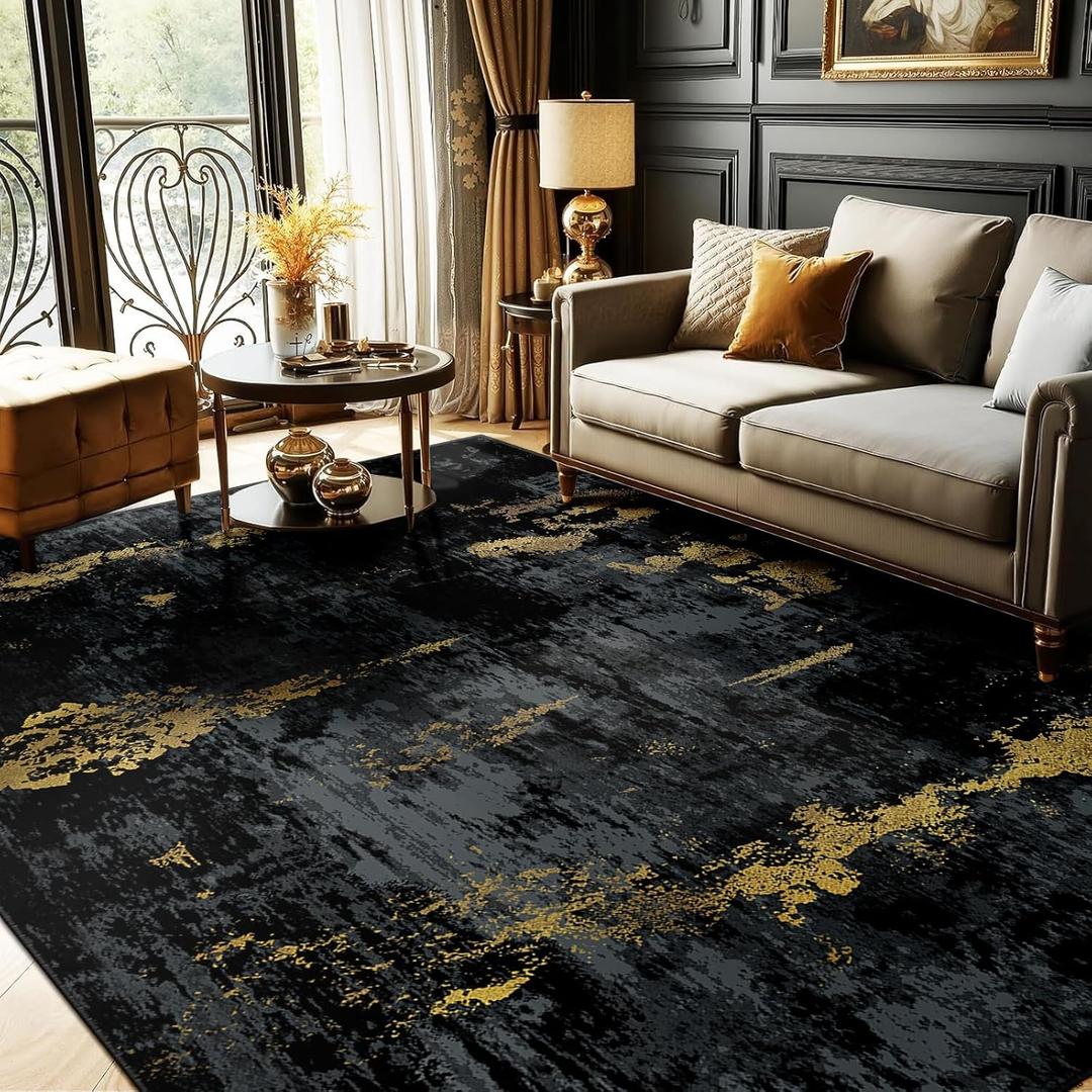 RELEANY Washable Area Rugs 9'x12' Non-Slip Modern Abstract Soft for Living Room Entryway Bedroom Nursery, Print Pattern, Dark Black Gold