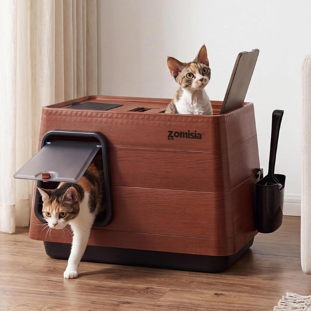 ZOMISIA Stainless Steel Cat Litter Box, Extra Large Covered Litter Box with Lid, Scoop, Odor Control Filter, XL Side/Top Entry Enclosed Cat Boxes for Big Kitty, Dark Wood Grain