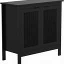 Giluta Black Sideboard Buffet Cabinet, Farmhouse Kitchen Storage Cabinets with 2 Rattan Doors, 30''H Boho Cabinet with Solid Wood Feet for Entryway, Living Room, Hallway