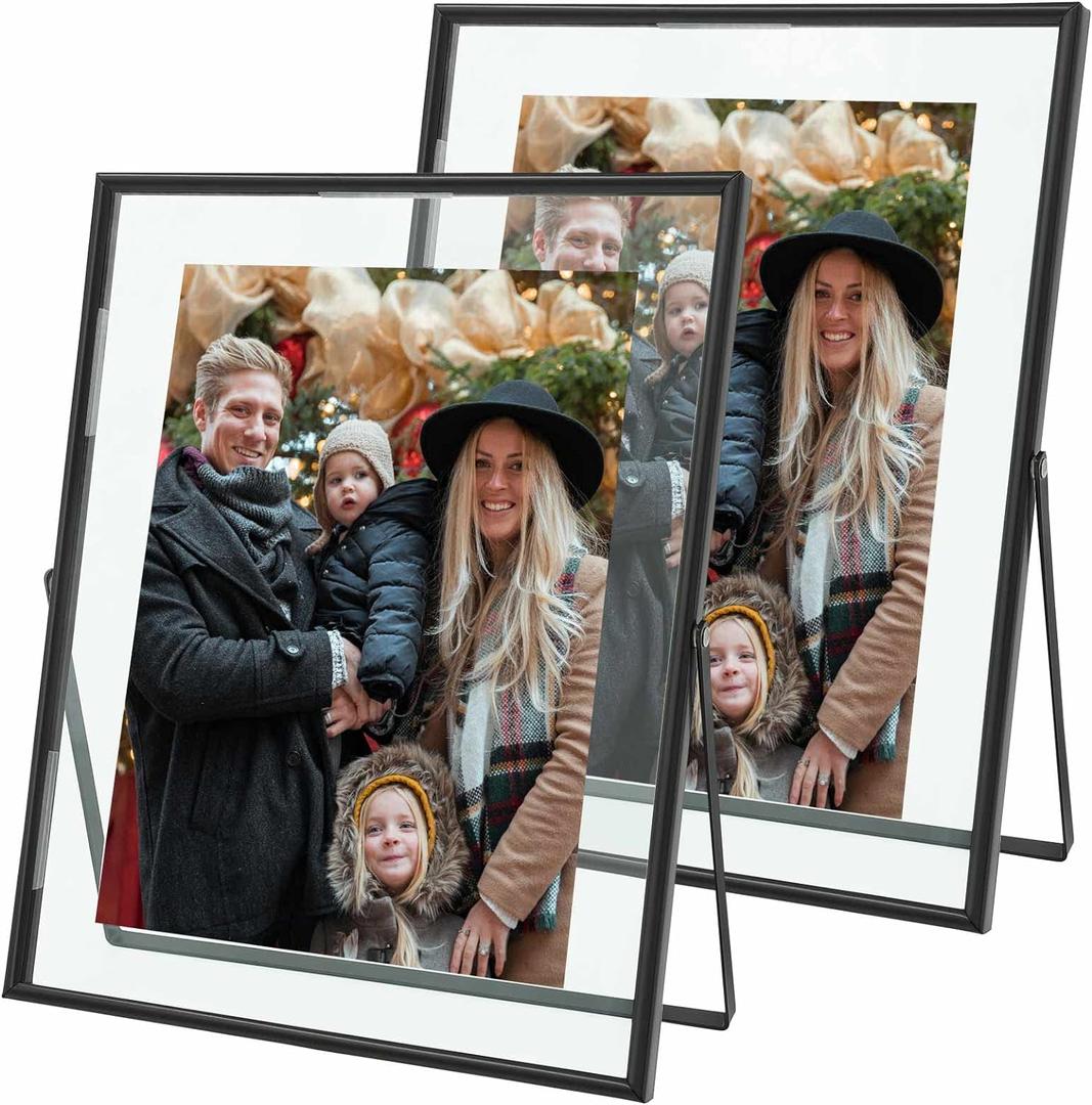 Qiannhee 8x10 Floating Frames Set of 2, Double Glass Desktop Picture Frames, Holds Multiple Photo Sizes, Photo Frame with Metal Stand