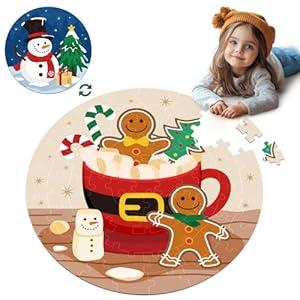 CiyvoLyeen Christmas Floor Puzzles for Kids Ages 3 4 5 6 7 8 Jigsaw Puzzles Penguin and Gingerbread Man Double Sided Large Round Puzzle Gifts Presents for Kids Children Toddler 22" 70 Pieces