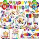 354pcs Paint Party Decorations for Kids and Art Lovers, Convenient Disposable Paper Tableware Set Includes 350gsm Plates and 2 PE Plastic Tablecloths for Paint Party and Celebration