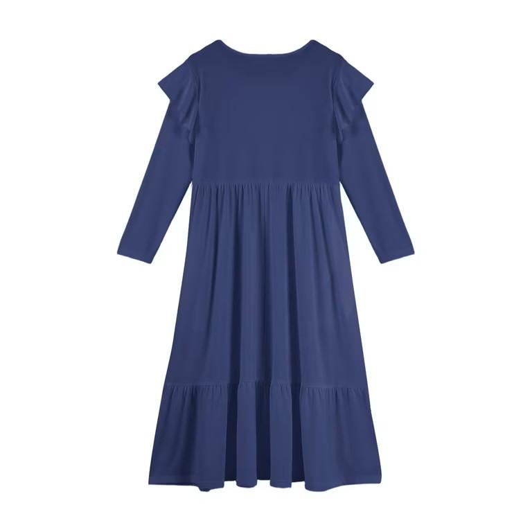 MITILLY Girls Fall Dress Flower Long Sleeve Crew Neck A-Line Elastic Waist Ruffle Swing Maxi Dresses with Belt 8 Years Dark Blue Size XXL