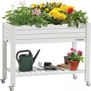 YITAHOME 3.6x1.5x2.8 FT Elevated Garden Bed Kit with Legs and Wheels, Outdoor Large Resin Planter Box Stand with Drain Plug and Storage Shelf for Plants Vegetables Fruits, Grayish-White