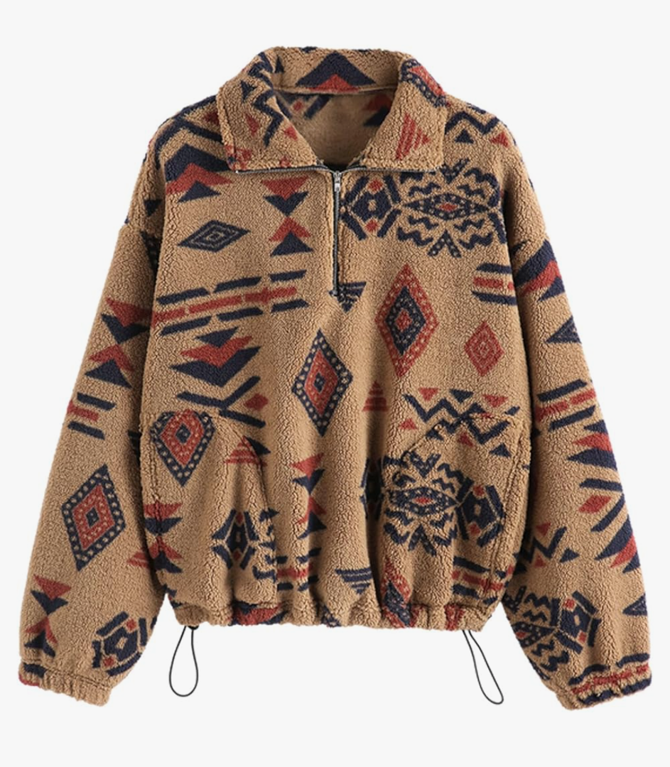 ZAFUL Women's Fashion Long Sleeve Lapel Half Zip Plain Faux Fur Sweatshirt Solid Color Crop Pullover Tops, S