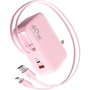 Retractable USB C Charger Wall Plug with 35.5in/90cm Type C Cables Cords,40W Fast Charging Foldable Block Multi Charger for All Devices for iPhone 17/16/15/14/13/12,iPad,Galaxy,Pixel