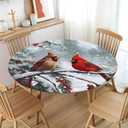 Christmas Red Bird Round Fitted Tablecloth with Elastic Edge,Water-Resistant Wipeable Winter Xmas Cardinal Bird Berry Table Cover for 40-44" Stretch Table Cloth for Dinner Indoor Outdoor Party