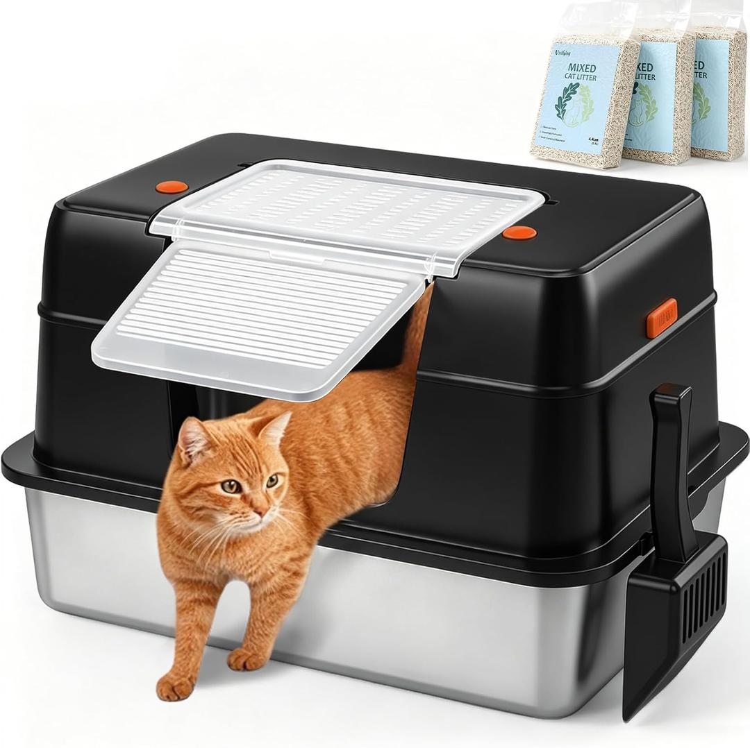 Vivifying XL Stainless Steel Cat Litter Box with 13.2 lb Cat Litter, Black