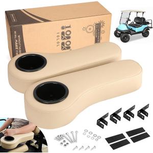 10L0L Golf Cart Rear Seat Kit Arm Rest Set with Cup Holder for Yamaha EZGO Club Car Golf Cart UV-Proof Coating Long Lasting, No Drilling Kits Include (Beige)